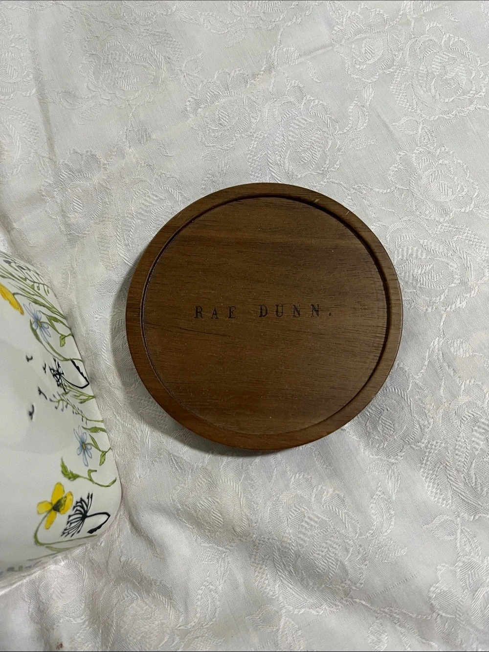 “Keep” Rae Dunn Floral Wildflower Ceramic Jar with Brown Wood Lid, 6” H x 4” D